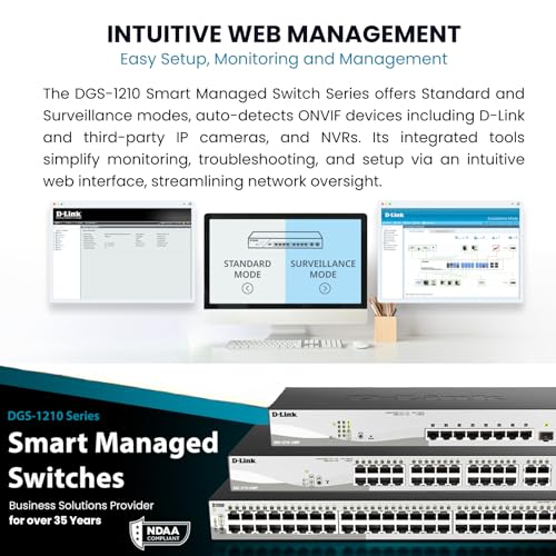 Image of D-Link 26-Port Gigabit Smart Managed Switch | 24 GbE + 2 SFP Ports | L2+ | VLANs | Cable Diagnostics | Web Managed | Desktop or Rackmount | Fanless | NDAA Compliant |Lifetime Warranty (DGS-1210-26)