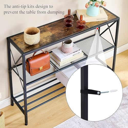 Image of Hoctieon Industrial Console Table, 3 Tier Entryway Table, Hallway Table, Narrow Sofa Table with Shelves, Entrance Table for Entryway, Living Room, Foyer, Hallway, Office, Rustic Brown&Black