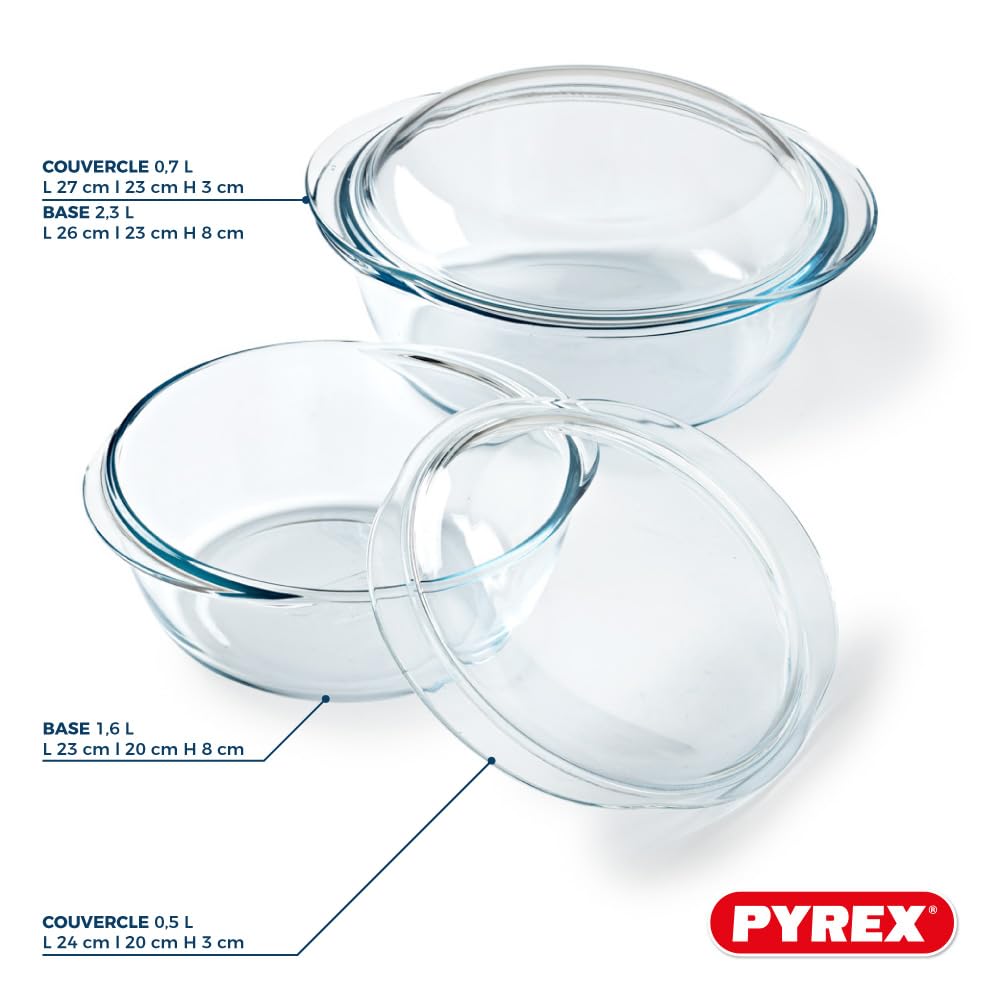 Pyrex 4 In 1 - Lot de 2 Cocottes – 1.6L et 2.3L - Verre Borosilicate - Cuisson Vapeur - Compatible micro-ondes, lave-vaisselle - Made in France