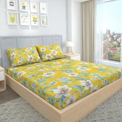 Image of BEVI Premium Microfiber 300 TC Fabric Pillow Cover Ultra Soft & Smooth Printed Yellow Green Flower Fade Resistant & Wrinkle Free Luxury Home Decor Pack of 2