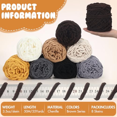 Image of Buryeah 8 Pack Chunky Chenille Yarn for Crocheting Soft Thick Fluffy Yarn for Hand Knitting Bulky Velvet Blanket Plush for Weaving DIY Crafts Each 3.5 oz 55 Yards (Brown Series)