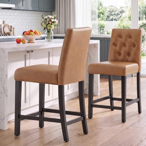 Image of MALOL Bar Stools Set of 2 Faux Leather Counter Height Bar Stools,Lightbrown