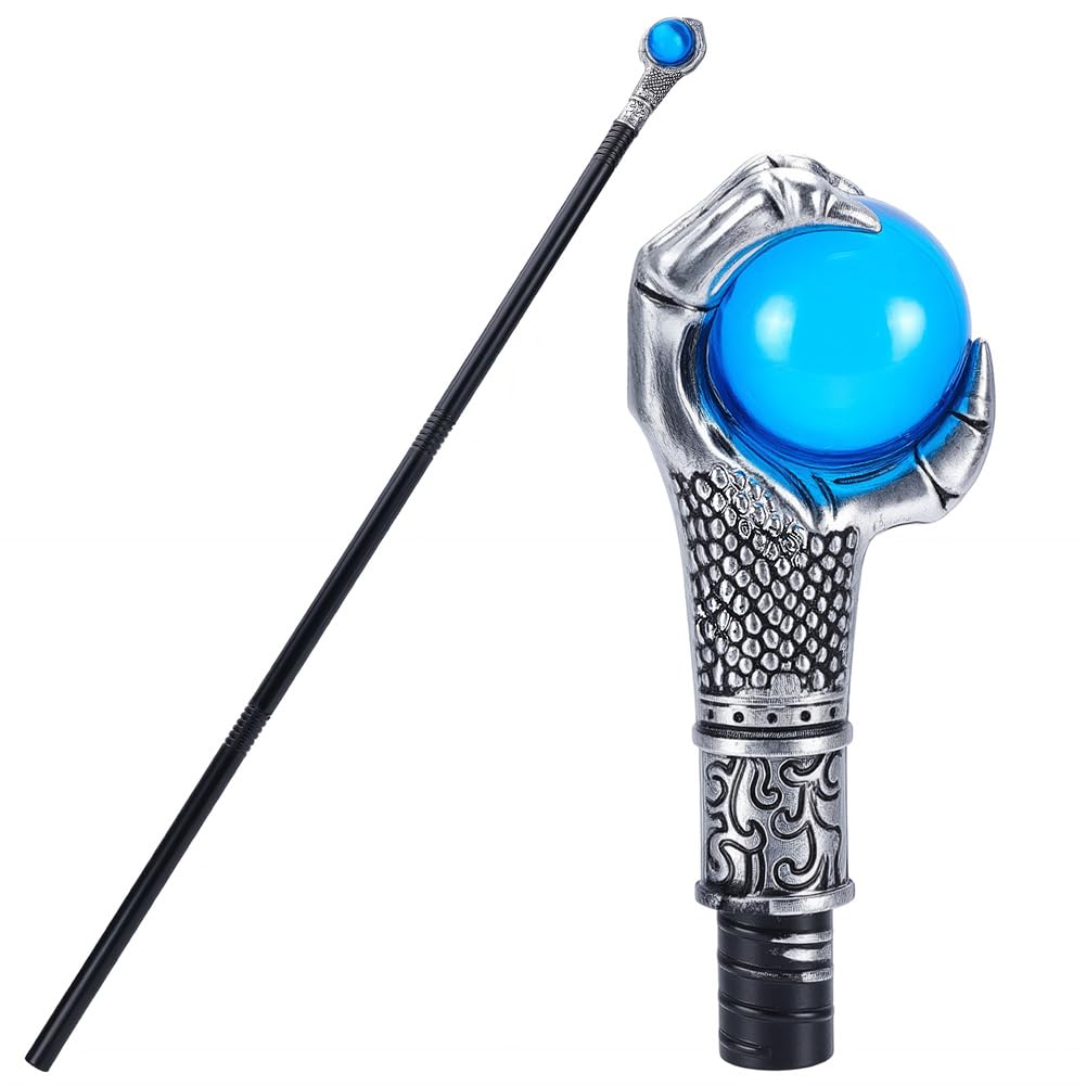 GORGECRAFT Vintage Walking Stick Antique Cane Plastic Halloween Party Cosplay Scepter Silver Eagle Claw Blue Ball Grasping King Wand Costume Cane Handle Knob Punk Prop for Themed Events Stage Shows