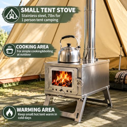DANCHEL OUTDOOR S1 Small Hot Tent Stove with 9.8ft Pipe, Portable Collapsible Stainless Steel Camping Wood Stove with Folding Legs for 1 Person Winter Survival Backpacking, Cooking - Image 2