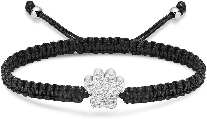 Dog Paw Print Shape Urn Cremation Bracelet with Crystal Stainless Steel for Pet Ashes Adjustable Braide Women Memorial Jewely-Silver urn