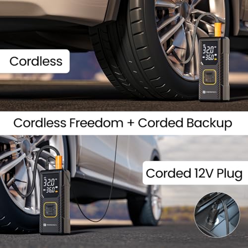 Image of Portronics Vayu 9.0 Portable & Rechargeable Tyre Inflator with 2-in-1 Cordless & Corded Modes, 3x2000 mAh Battery, LED Display, Auto Shut-Off, Type-C Fast Charging,150 PSI for Car, Bike & Sports Balls