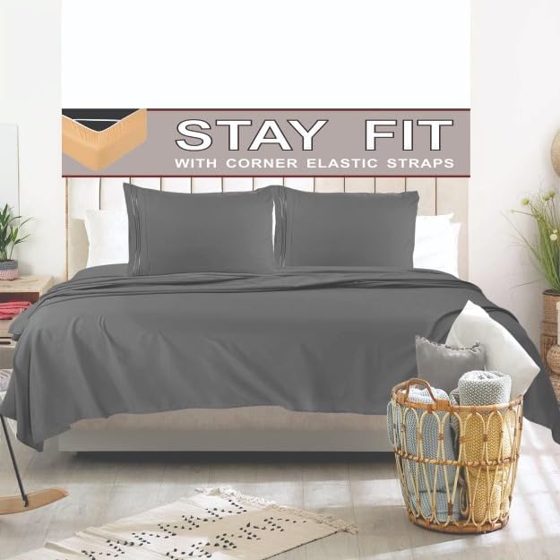 Bed Sheet Sets - Stay fit on Mattress with Elastic Straps at Corners - King, Charcoal Gray