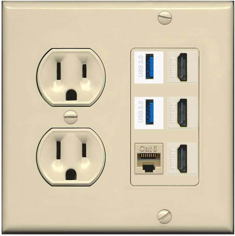 RiteAV 3 Port HDMI 2 Port USB 3.0 1 CAT6-RJ45 Wall Plate - Round Outlet [Ivory/Ivory]