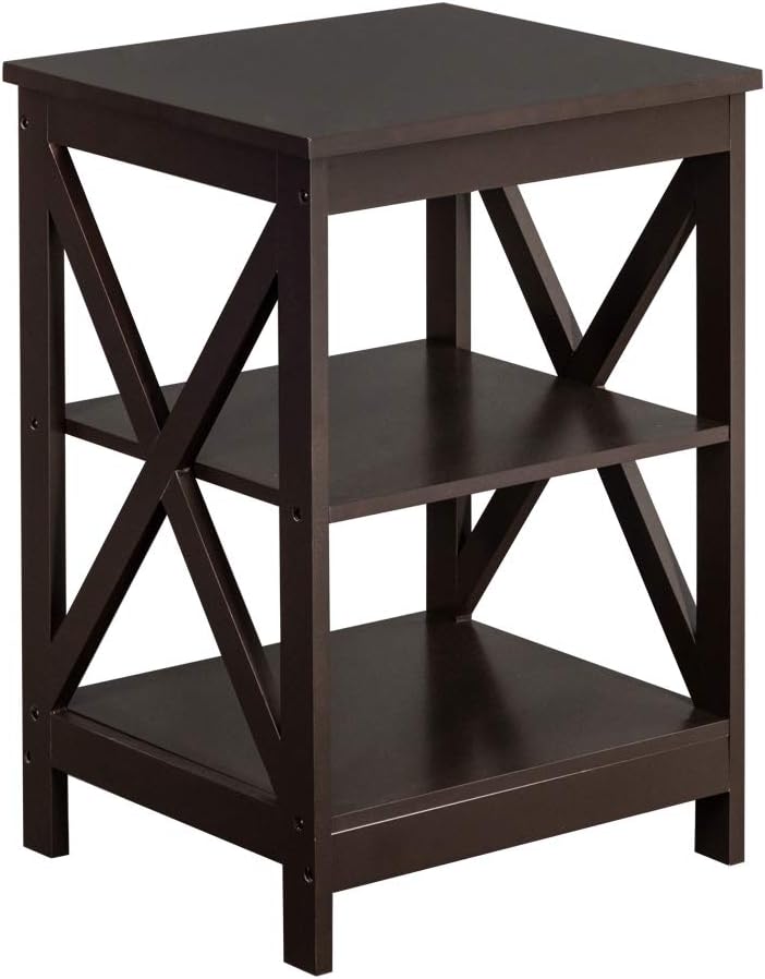 Espresso Finish Wooden X-Design Chair Side End Table with 3-Tier Shelf