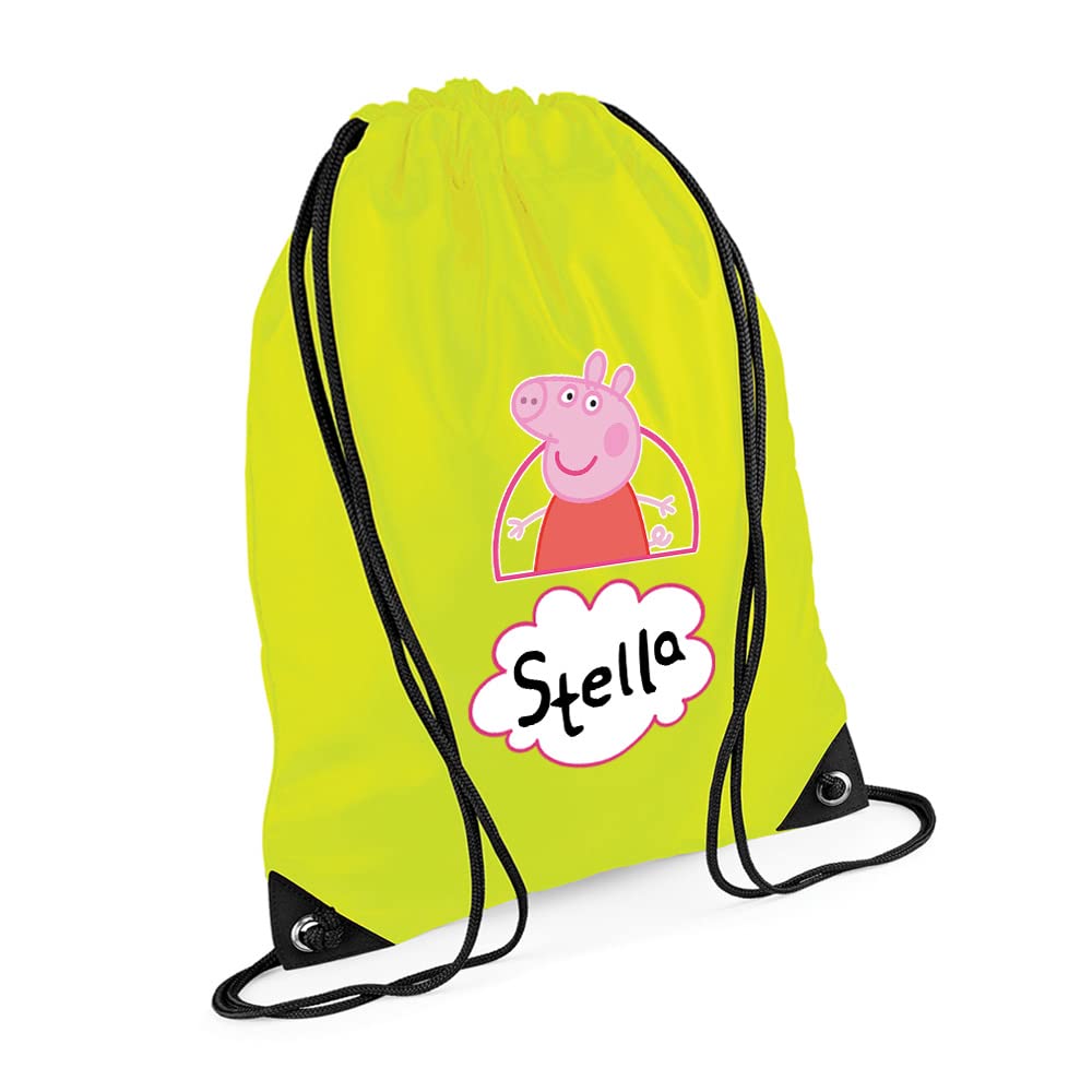 Cute Pig Bag Personalised Backpack Pig Bag Gift for Kids-Girl Toddlers Birthday Girl Drawstring Bag, PE Gym Kit Swimming, Sport Rucksack. (Fluorescent Yellow)