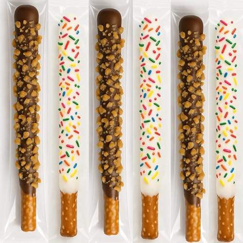 Chocolate Covered Pretzel Rods Variety Pack – 20 Individually Wrapped (10 Dark Chocolate Toffee + 10 White Chocolate Rainbow Sprinkles) – Fresh Made to Order Gourmet Sweet & Salty Snack – Party Favors, Gifts, Desserts