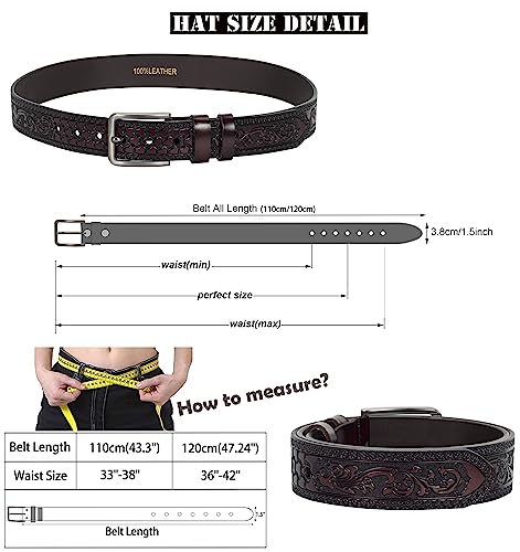 Mens Western Floral Engraved Embossed Tooled Genuine Leather Belt, Square Buckle Casual Belt4