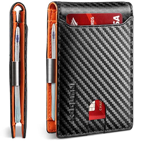 RUNBOX Mens Slim Wallet with Money Clip RFID Blocking Front Pocket Bifold Minimalist Credit Card Holder for Men with Gift Box Carbon Black&Orange