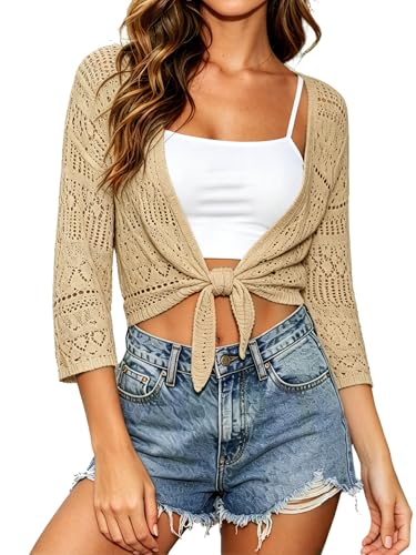 Image of Spicy Sandia Tie Front Sheer Shrug 3 /4 Sleeve Cropped Crochet Cardigan for Summer Lightweight