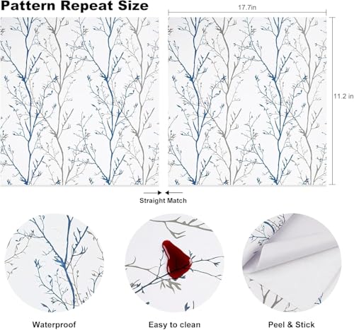 Image of FOKRIM White and Blue Tree Wallpaper, 45x300 cm, Removable & Waterproof, Self-Adhesive Wall Decals for Living Room, Bedroom, Office, and Home Decoration