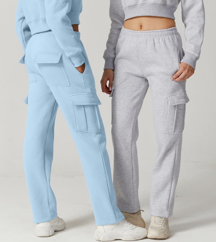 Image of QINSEN Baggy Medium Waist Elastic Sweatpants for Womens Casual Long Fleece Cargo Pants with Pockets