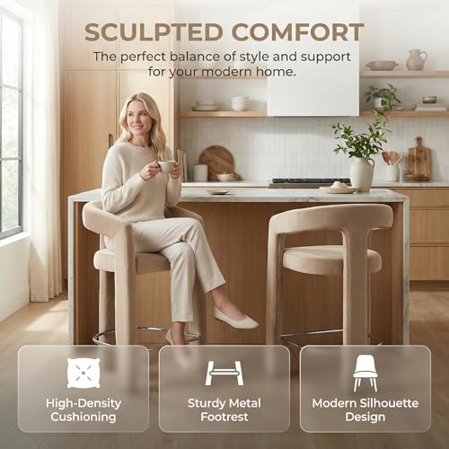 Image of HNY Modern Barrel Bar Stools Set of 3, 26 Inch Upholstered Velvet Counter Height Barstools with Open Back and Armrests, for Kitchen Island, Home Bar, Dining Room, No Assembly, Khaki