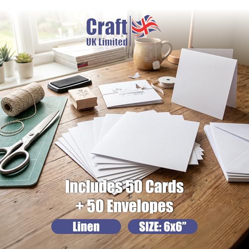 Image of Craft UK W103 6 x 6 Inch Linen Card and Envelope Pack of 50 - White