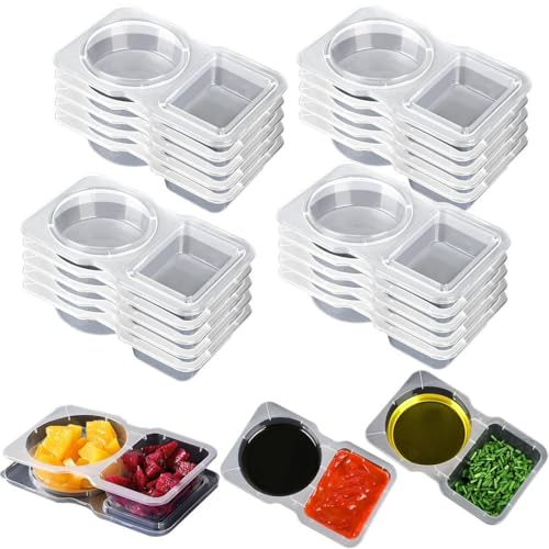 PIQIUQIU 20 Stück wiederverwendbare Snackboxen mit 2 Fächern (14x8,5x2,5 cm) – Transparente Aufbewahrungsdosen für Meal Prep, Dips & Gewürze – Spülmaschinengeeignete mit Deckel, dicht