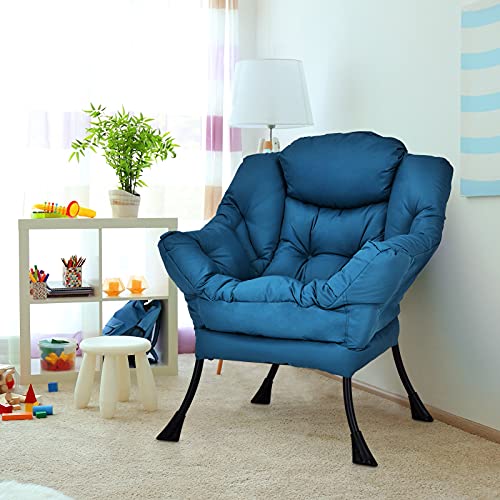 Giantex Modern Lazy Chair, Accent Contemporary Lounge Chair Polyester Fabric W/Steel Frame, Upholstered Single Sofa Chair W/Armrests & Side Pocket, Leisure Sofa Chair (Navy) #TOP6