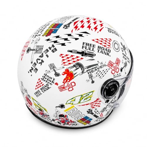Image of RYDR A Doodle White Graphic Half-Face Helmet for Men & Women with Balaclava, Helmet Bag & Arm Sleeves Combo
