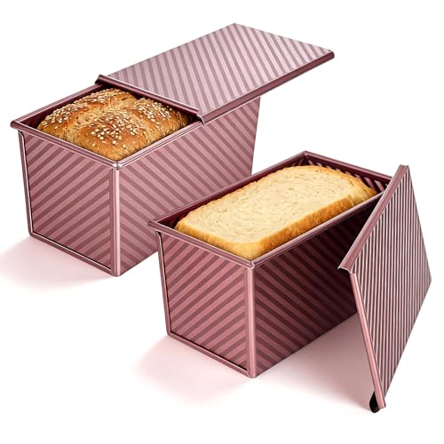 Rzspher 2-Piece Loaf Tin with Lid, 21 x 12 x 12 cm Non-Stick Baking Mould in Rose Gold Aluminium Steel for Bread, Sandwiches, and Cakes