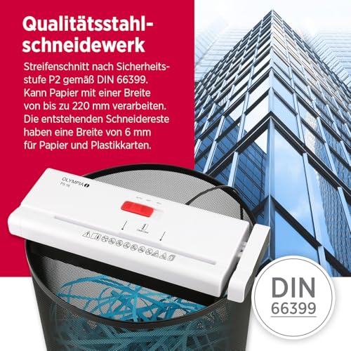 Olympia PS 16 Aufsatzaktenvernichter | Streifenschnitt | Sicherheitsstufe P2 | Bis zu 6-Blätter gleichzeitig | 28-34 cm Papierkorb kompatibel | Überhitzungsschutz | 220 mm Eingabebreite | Weiß