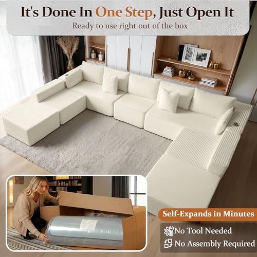 Image of 168 inch Cloud Sectional Couch, Comfort U Shaped Sofa for Living Room, Extra Deep Seats No Assembly, Minimalist Modular Couch, Corduroy (Cream, 9 Seats,U-Shape A)