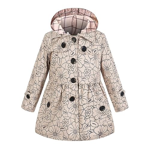 Girl's Hooded Trench Coat Kids Flower Print Parka Outwear Warm Cotton Puffer Hooded Jacket Fall Winter (F, 6-7 Years)