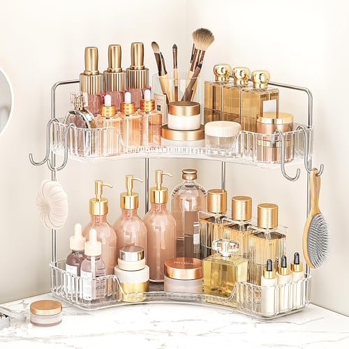 Kinkota Corner Bathroom Counter Organizer 2 Tier Bathroom Organizers and Storage Countertop with Hooks Skin Care Exquisite Vanity Organizer Countertop Bathroom Storage Dresser, Kitchen-Clear