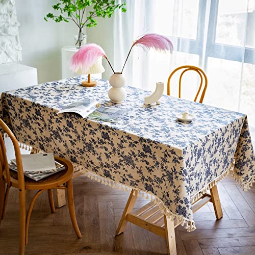 Yuurainvuvu French Vintage Blue Rose Floral Cotton Linen Fabric, Stitching Tassel Rectangle Tablecloth For Kitchen thumb #3