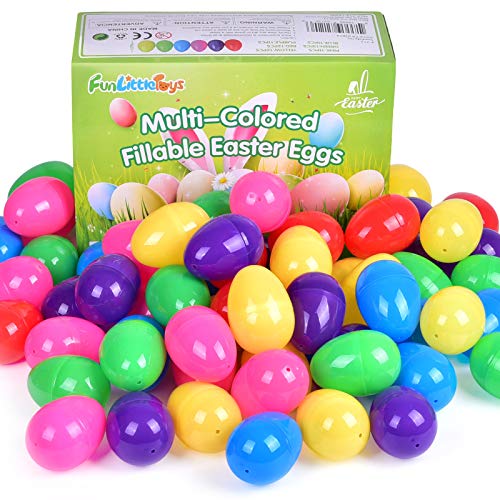 FUN LITTLE TOYS 68 PCs Colorful Bright Plastic Easter Eggs, 3Inch 6 Assorted Colors Easter Party Favor Set, Multi-Colored Fillable Easter Eggs, Suprise Egg, Easter Basket Stuffers for Party Yard Outdoor Hunt Games