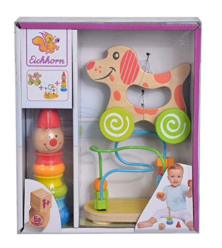 Eichhorn - 100003750 -Lernspielset,Geschenkset, 3 teilig,bestehend aus Steckfigur Clown, Motorikschlaufe, Schiebehund, Birkenholz, für Kinder ab 12 Monaten