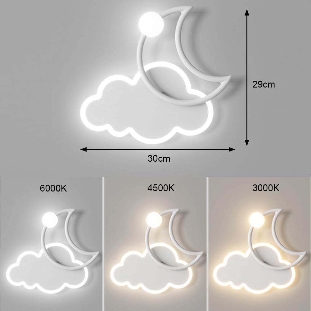 EaEa Kinderzimmer LED Wandleuchte 16W Mond Wolken Wandlampe 3 Farben Einstellbar 3000K/4000K/6000K Innen Cartoon Wandbeleuchtung Kinder Junge Mädchen Nachttischlampe für Schlafzimmer Wohnzimmer, Weiß