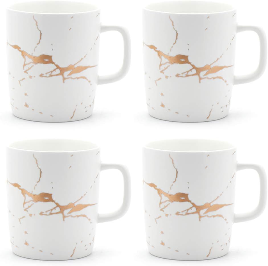 12 oz Matte Ceramic Marble Tea Coffee Mugs Luxury Gold Inlay (White, 4 Mugs Gold Marble)