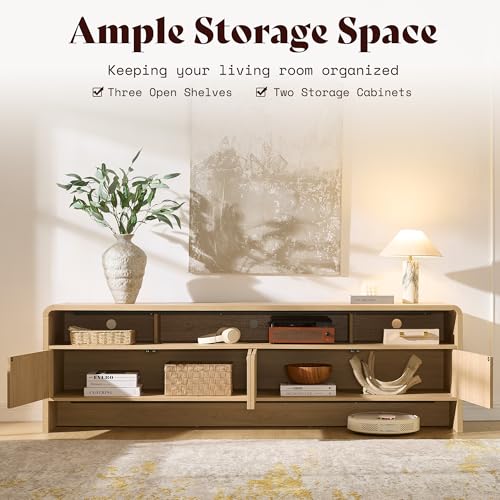 Image of AMERLIFE 70 inch Modern TV Stand for TVs Up to 80 inch, Wood TV Console with Curved Profile Design & 2 Storage Cabinets, Media Console Entertainment Center for Living Room, Natural Oak