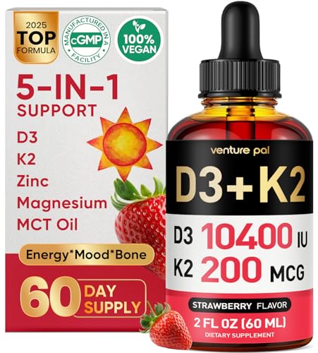 5-in-1 Vitamin D3 K2 Drops - Vitamin D3 10000 IU & K2(MK-7) 200mcg with Magnesium, MCT Oil, Zinc, Sugar Free Vitamin D Liquid Supplement|Maximum Absorption for Bone, Mood & Immune - 2 FL OZ, 60 Days