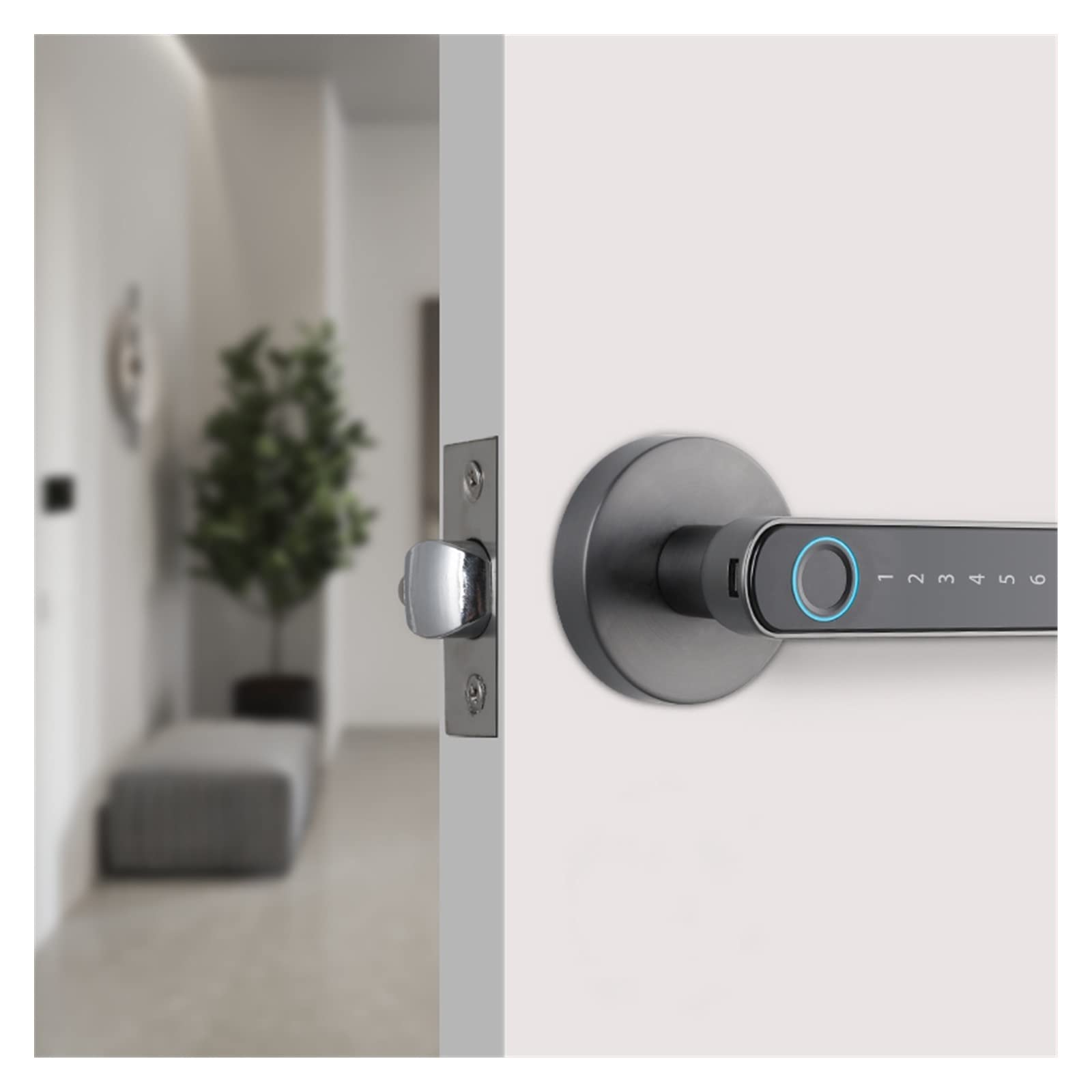 Cerradura Inteligente Para Puerta Con Huella Dactilar Y Manija Código | Acceso Sin Llave, Principal(Gray)