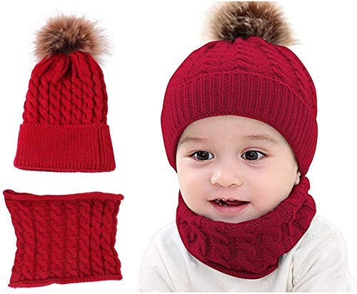 Devil 2Pcs Red Warm Kids (1-5 yr) Baby Hats Infant Toddler Girl Boy Beanie Cap Warm Baby Hat with pom pom+ Knitted Scarf Set Earflap Caps for Unisex Baby Boys and Baby Girls