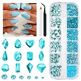 1300Pcs Aquamarine Nail Rhinestones Water Blue Rhinestones for Nails 60 Multi Shapes Big Gems +1240