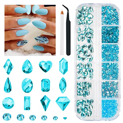 qiipii 2052Pcs Aquamarine Nail Rhinestones Water Blue Diamonds 72 Multi
