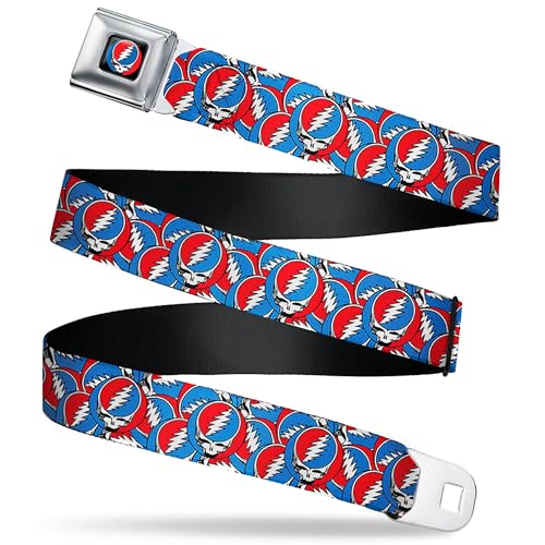 Grateful Dead Belt, Seatbelt Buckle Belt, Grateful Dead Steal Your Face Logo Stacked Red White Blue, Youth 20 to 36 Inches