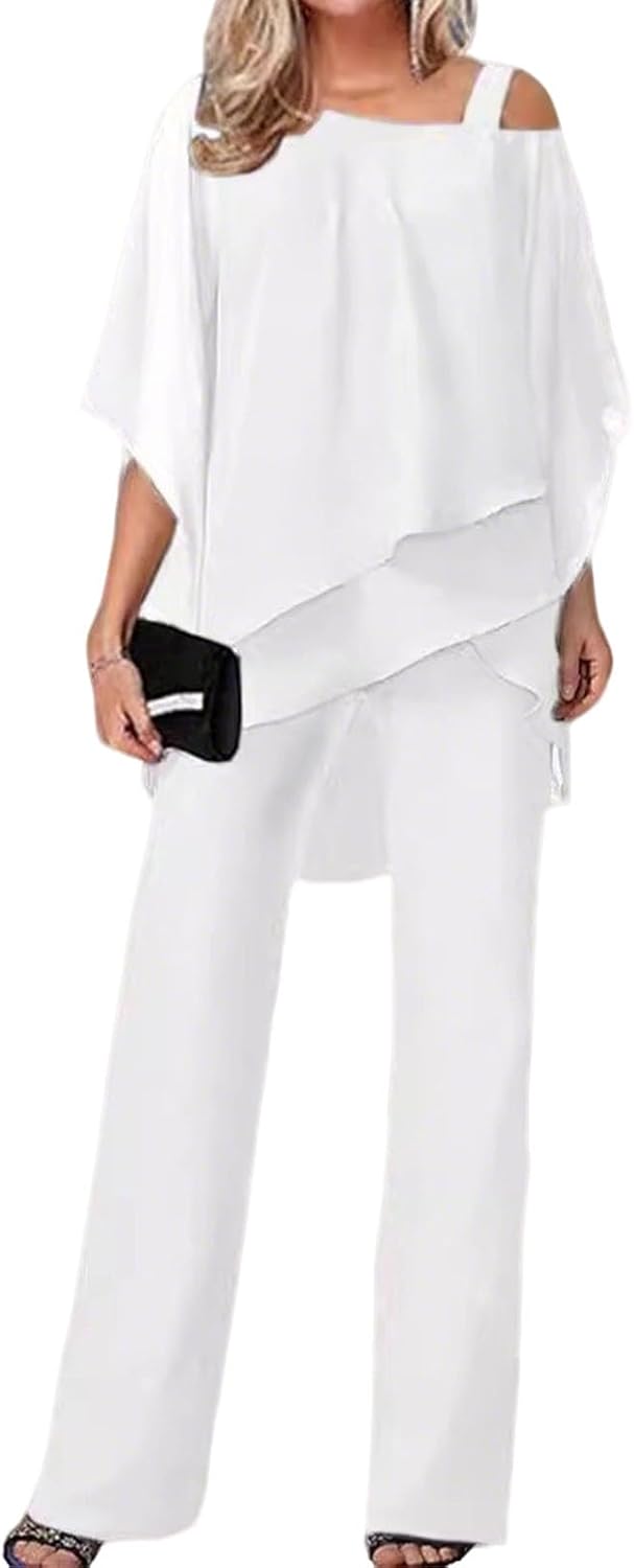 Women's 2 Piece Outfits,Cold Shoulder Batwing Sleeve Chiffon Top&Wide Leg Pants Set,Casual Irregular Hem Party Suits