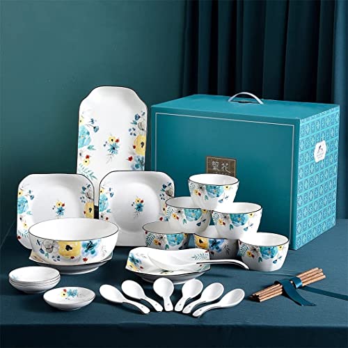 BEZAX Set di stoviglie da 29 Pezzi per 6, Piatti Cinesi, Ciotole, Piatti da Sushi, Bacchette e cucchiai, Set di stoviglie in Porcellana Bianca Dipinta