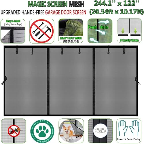 Image of Magnetic Garage Door Screen 20x10ft for 2 3 Car, Doors Durable Fiberglass Heavy Duty Mesh Magnetic Net, Pets Friendly Retractable for Carport Garage Patio Porch (Black, 20x10ft)