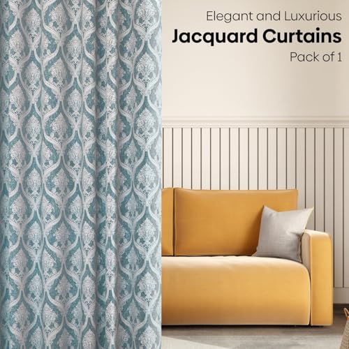 Image of haus & kinder Printed Jacquard Door Curtain 7 Feet Long Pack of 1 Door Curtain, 7 Feet Curtain for Door (Ornate Symphony, Aqua Design 130x213 CM)