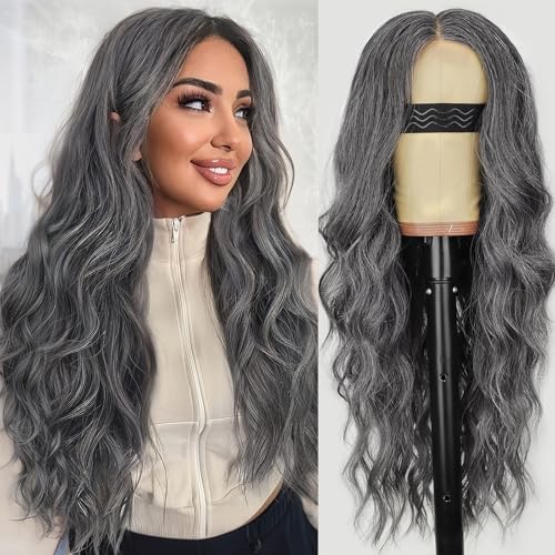 Image of AISI HAIR Gray And White Wig for Women, Long Wavy Lace Hairline Middle Part Synthetic Heat Resistant Wig for Daily Party-26 Inch