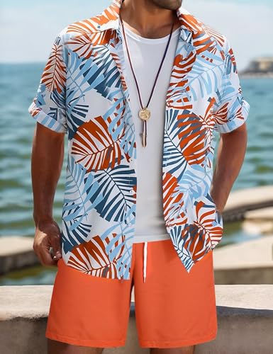 Yimoon Mens Summer Beach Vacation Outfits 2 Piece Tropical Short Sleeve Button Down Hawaiian Shirt and Shorts Set2