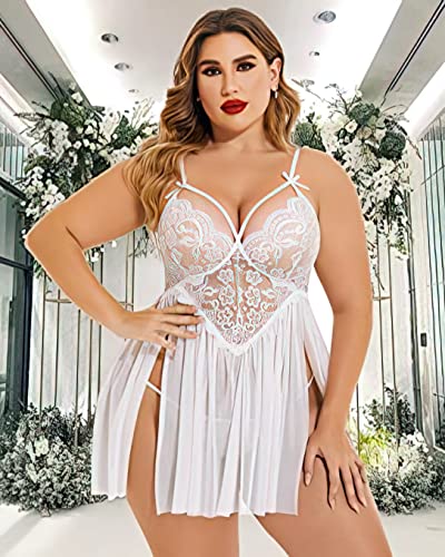 Image of Beautiful Creations Womens Plus Size Lace Floral Knee Length Babydoll Nightwear Set with G-String Panty