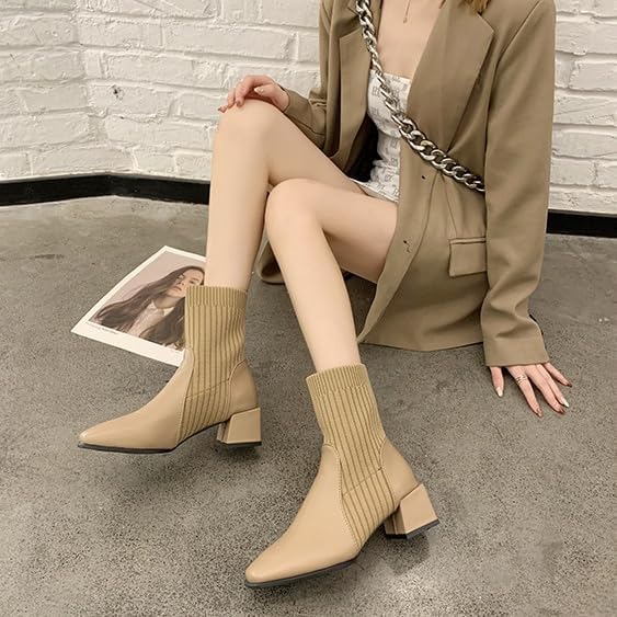 Women's Ankle Boots Block Heel Sock Booties Square Toe Chunky Low Heel Knit Chelsea Slip On Fall Elastic Dress Booties